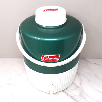 Vintage Coleman 2 Gallon Green & White Water Dispenser Thermos Jug Cooler with Enclosed Cup (1970s-80s)