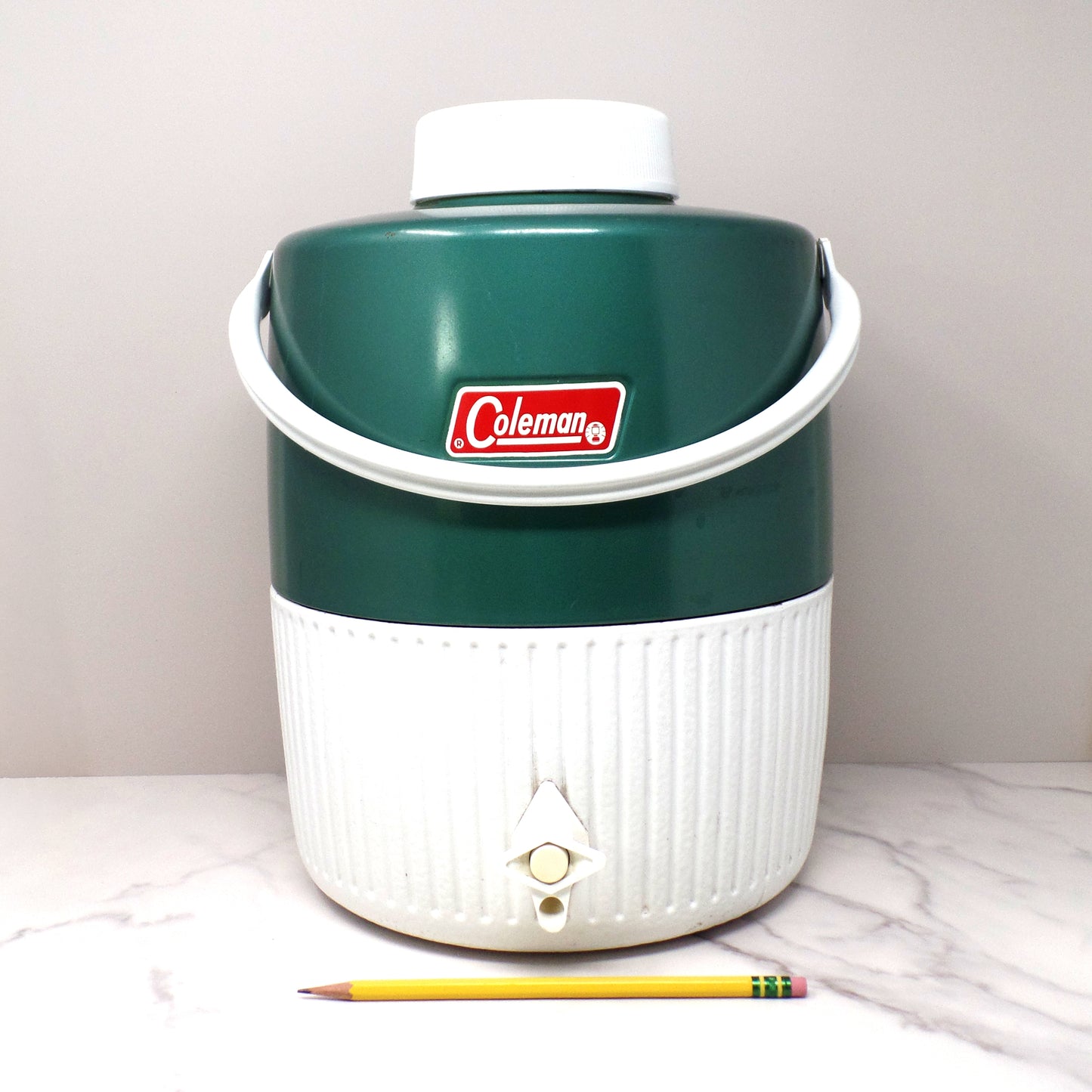 Vintage Coleman 2 Gallon Green & White Water Dispenser Thermos Jug Cooler with Enclosed Cup (1970s-80s)