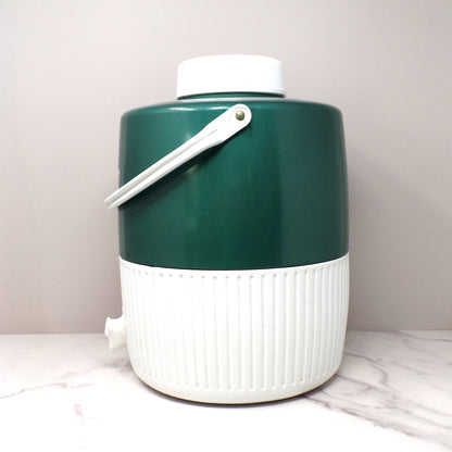 Vintage Coleman 2 Gallon Green & White Water Dispenser Thermos Jug Cooler with Enclosed Cup (1970s-80s)