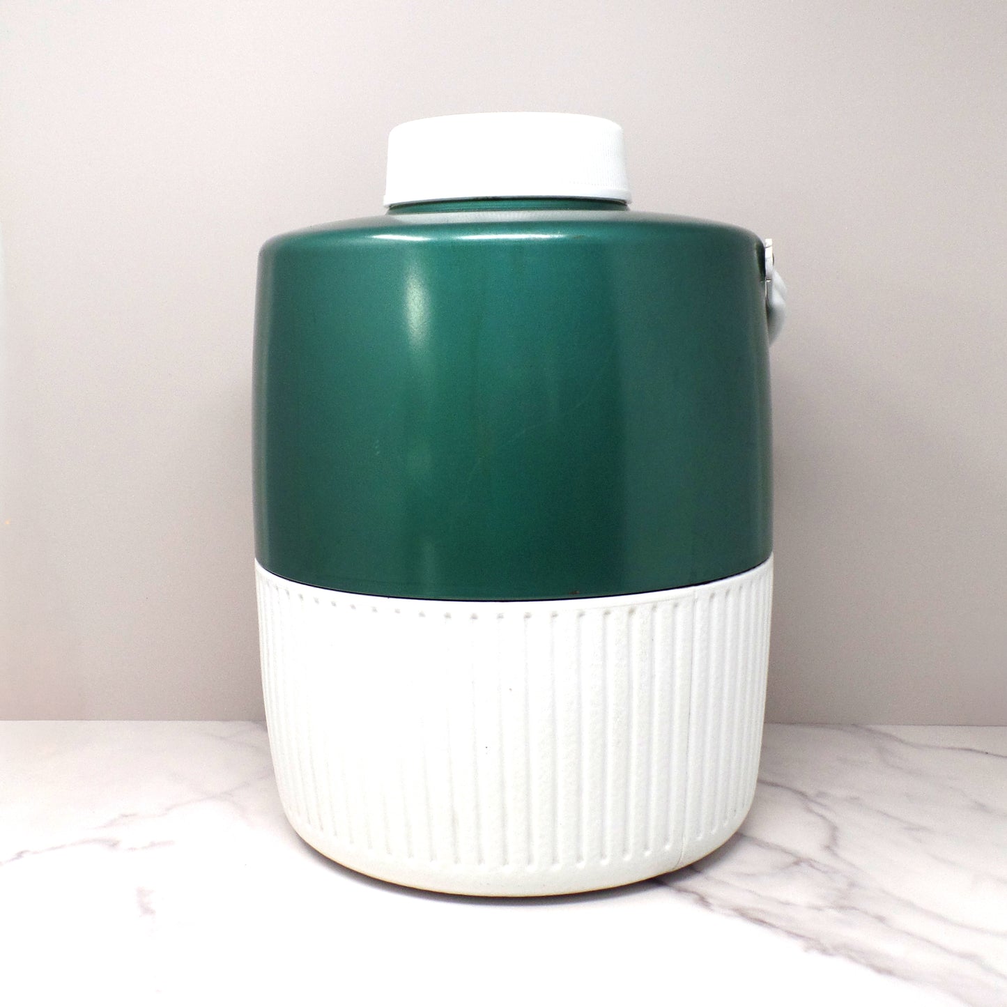 Vintage Coleman 2 Gallon Green & White Water Dispenser Thermos Jug Cooler with Enclosed Cup (1970s-80s)