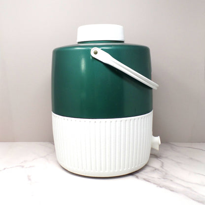 Vintage Coleman 2 Gallon Green & White Water Dispenser Thermos Jug Cooler with Enclosed Cup (1970s-80s)