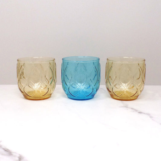 Vintage Blue and Yellow 8 oz Short Glasses, set of 3 (1970s)