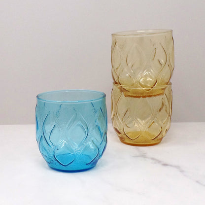 Vintage Blue and Yellow 8 oz Short Glasses, set of 3 (1970s)