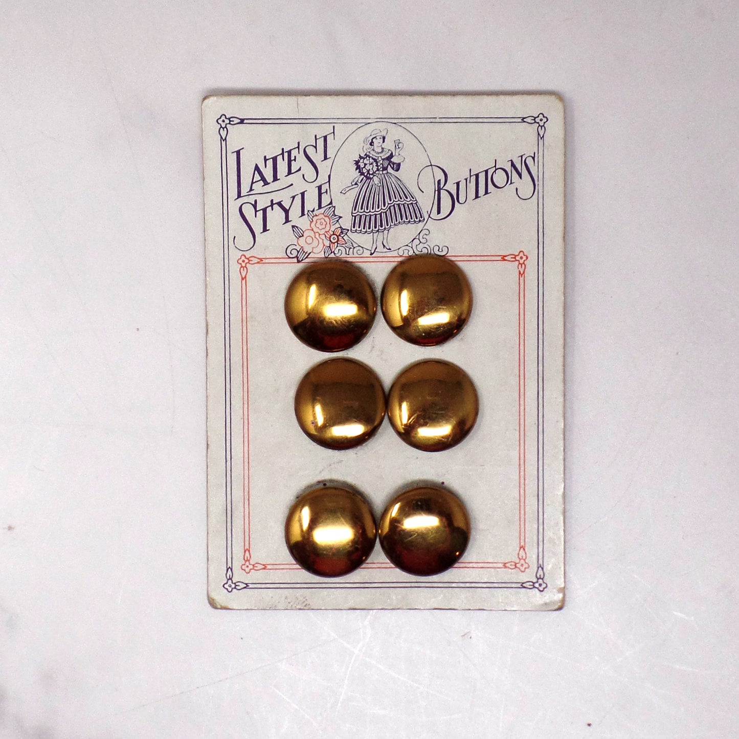 Vintage Carded Buttons, Latest Style, Gold-colored (6 on Card)