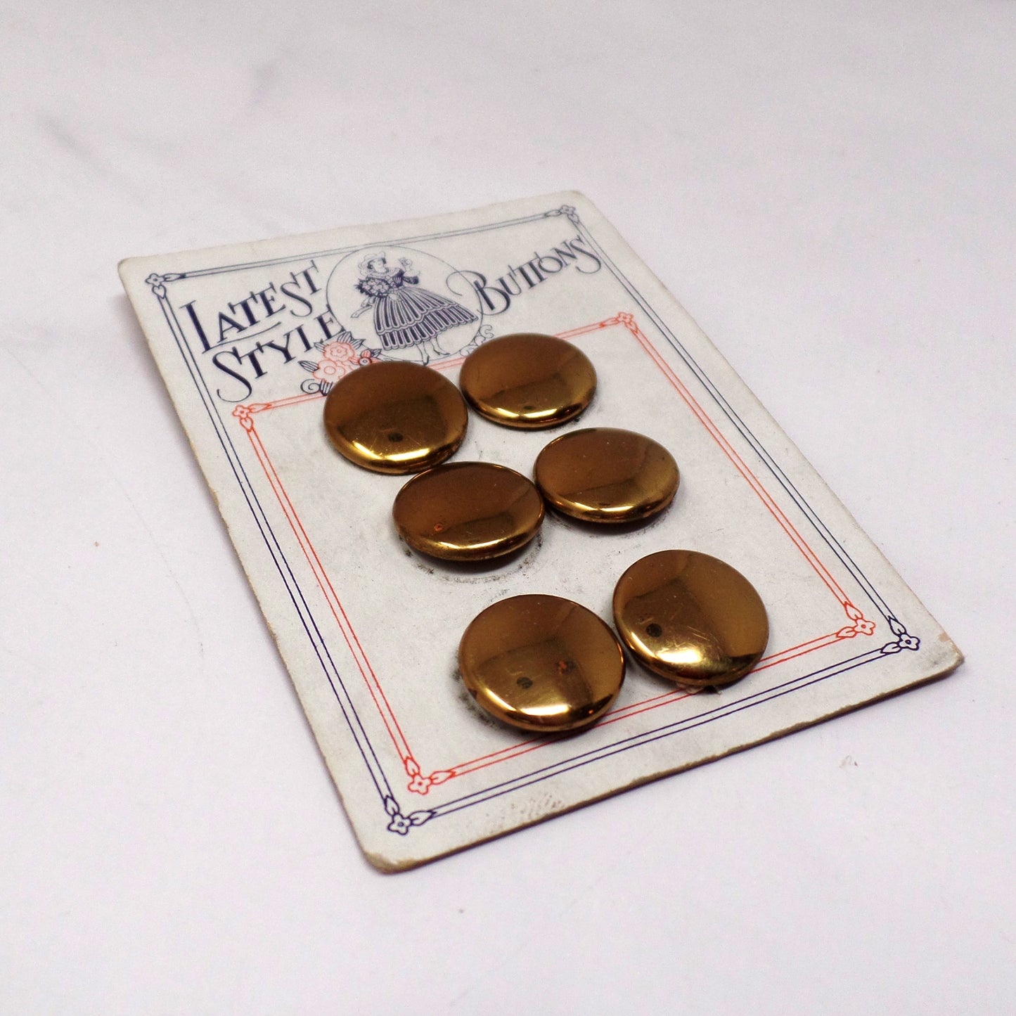Vintage Carded Buttons, Latest Style, Gold-colored (6 on Card)
