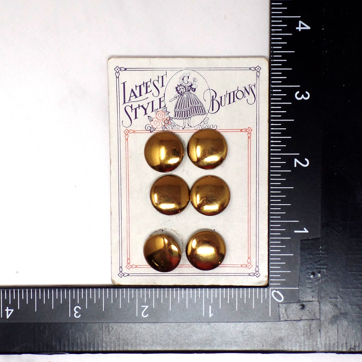 Vintage Carded Buttons, Latest Style, Gold-colored (6 on Card)