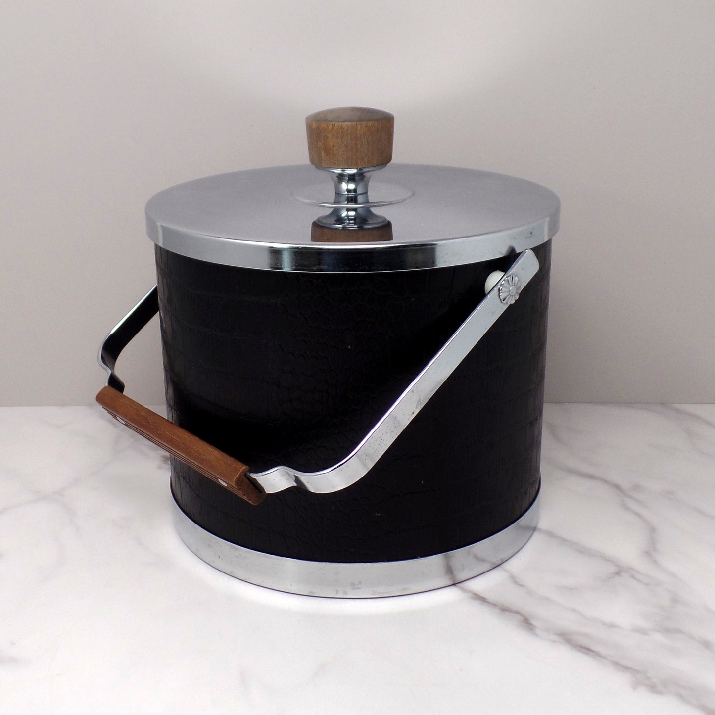Vintage Kromex Faux Black Alligator Skin & Chrome Ice Bucket with Wood Handle and Knob (1960s)
