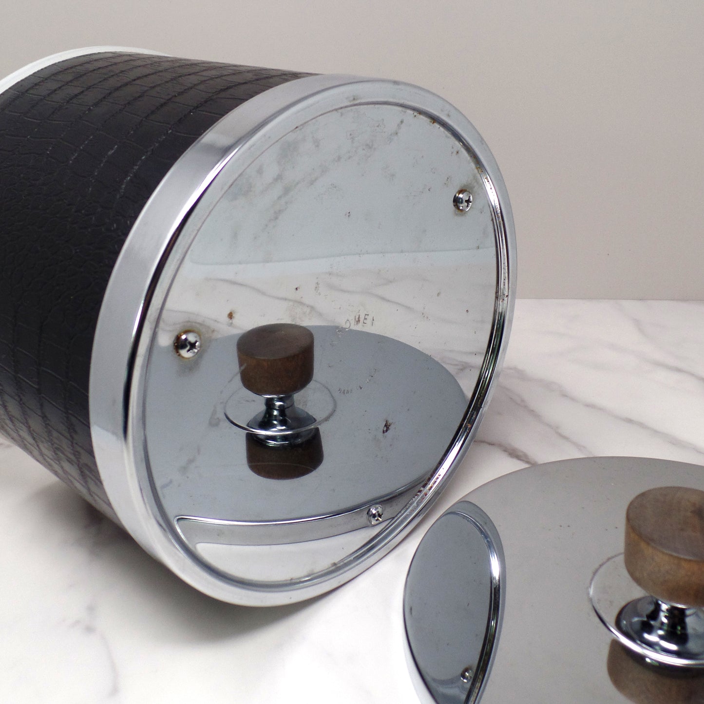 Vintage Kromex Faux Black Alligator Skin & Chrome Ice Bucket with Wood Handle and Knob (1960s)