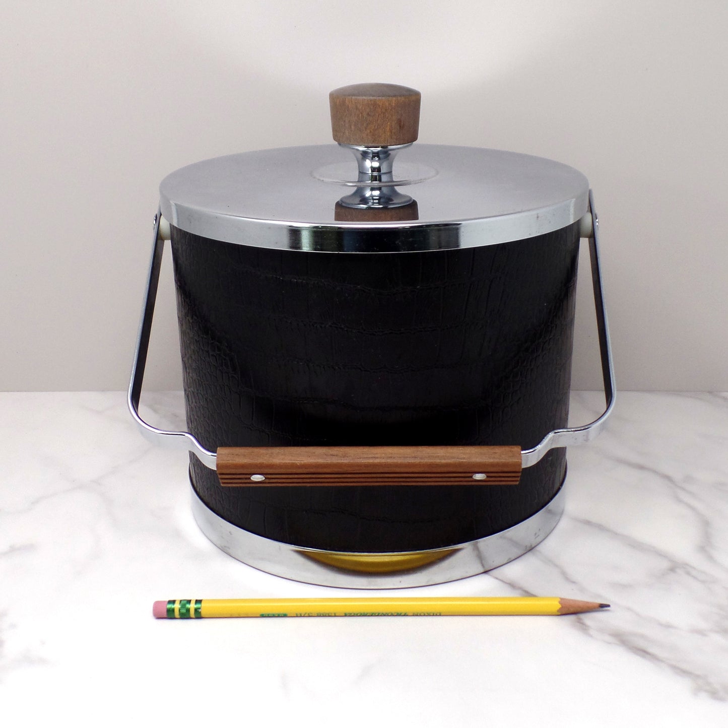 Vintage Kromex Faux Black Alligator Skin & Chrome Ice Bucket with Wood Handle and Knob (1960s)