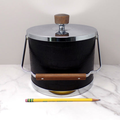Vintage Kromex Faux Black Alligator Skin & Chrome Ice Bucket with Wood Handle and Knob (1960s)