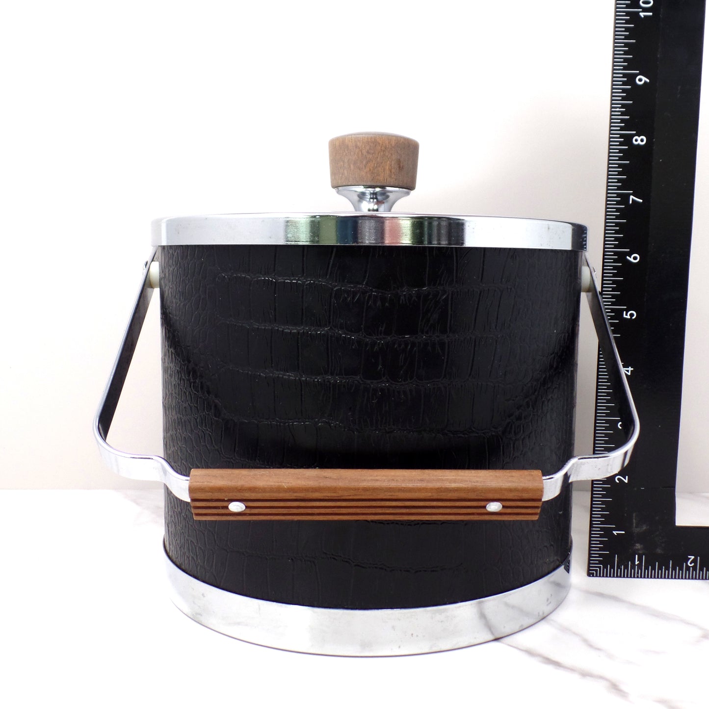 Vintage Kromex Faux Black Alligator Skin & Chrome Ice Bucket with Wood Handle and Knob (1960s)