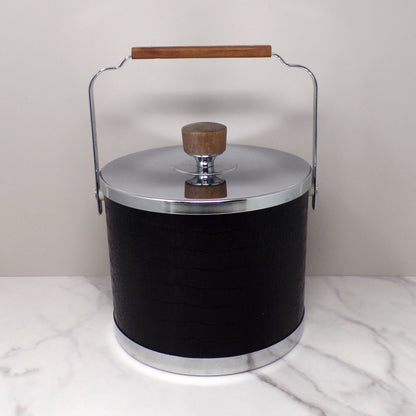 Vintage Kromex Faux Black Alligator Skin & Chrome Ice Bucket with Wood Handle and Knob (1960s)