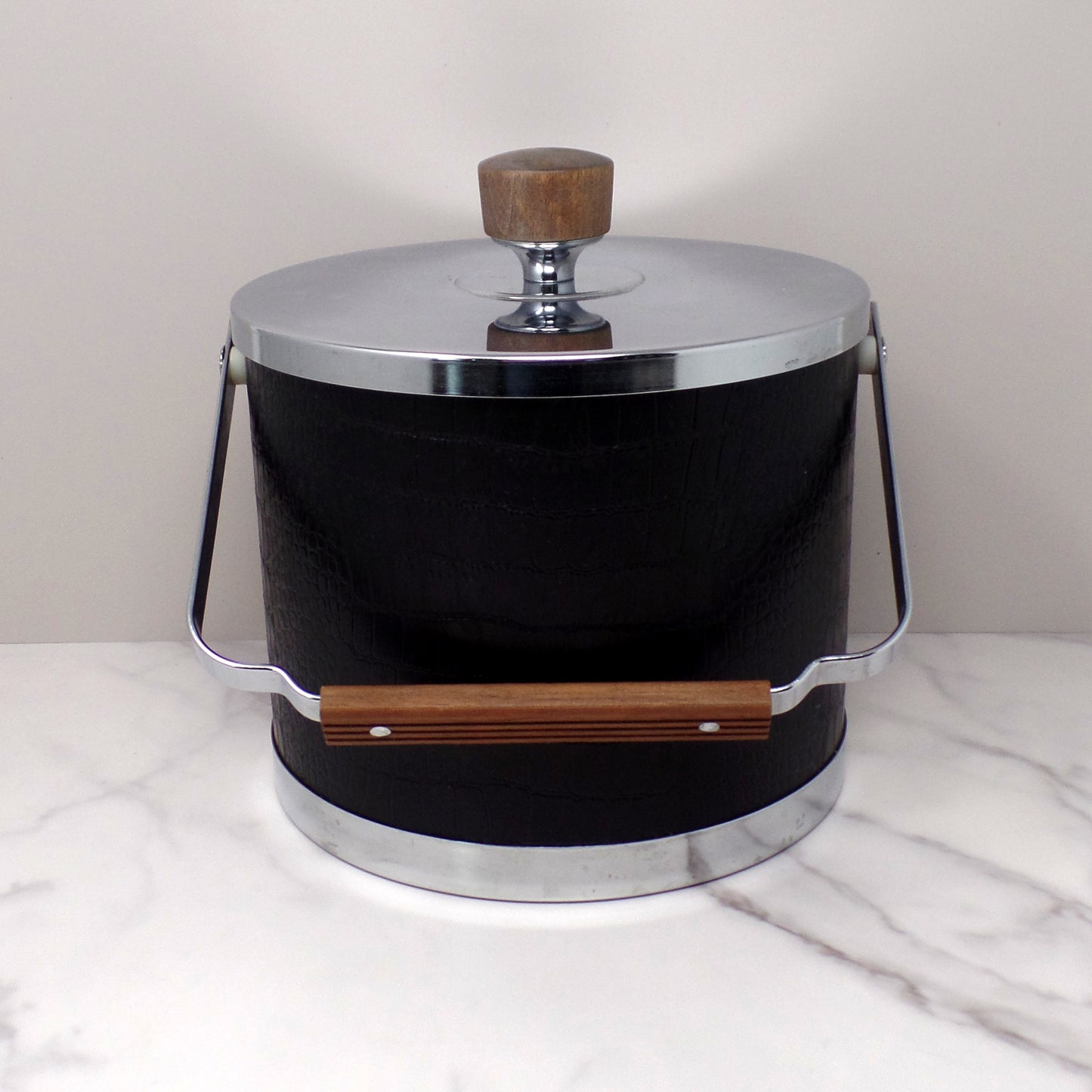 Vintage Kromex Faux Black Alligator Skin & Chrome Ice Bucket with Wood Handle and Knob (1960s)