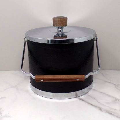 Vintage Kromex Faux Black Alligator Skin & Chrome Ice Bucket with Wood Handle and Knob (1960s)