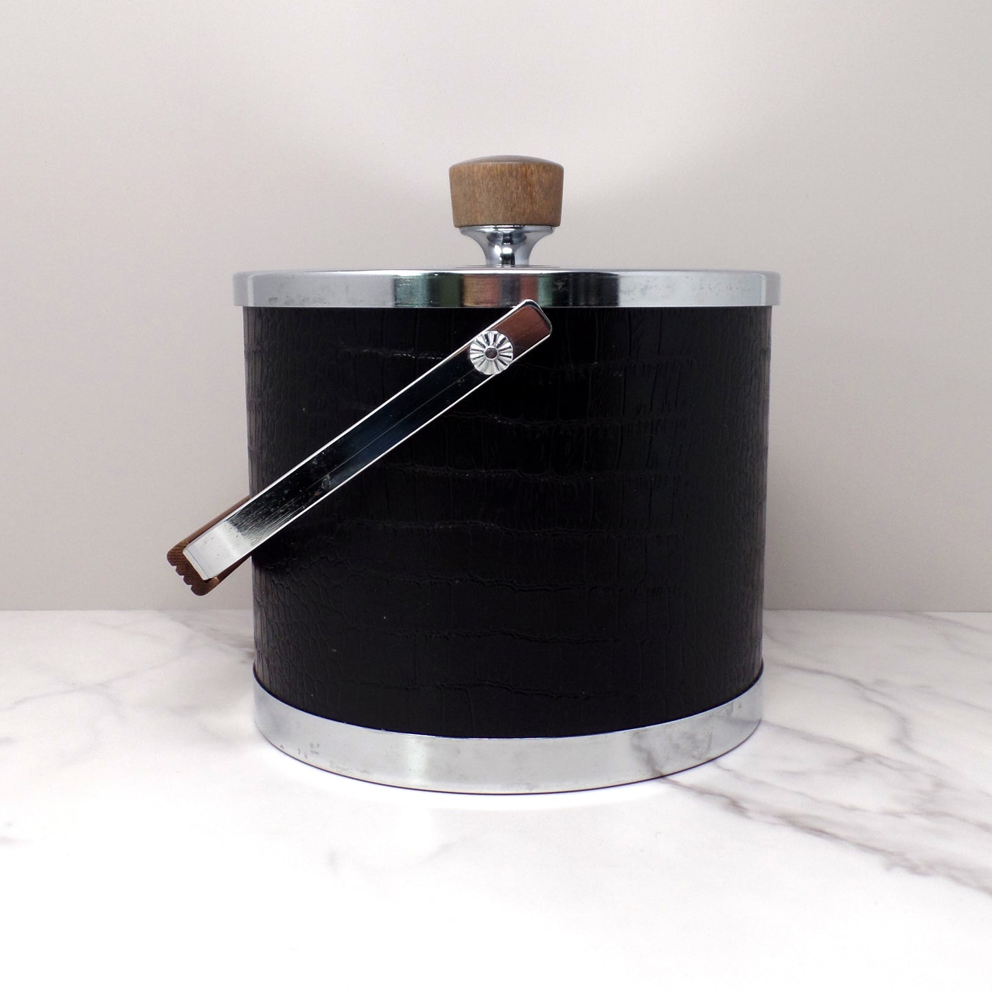 Vintage Kromex Faux Black Alligator Skin & Chrome Ice Bucket with Wood Handle and Knob (1960s)
