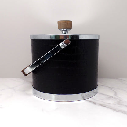 Vintage Kromex Faux Black Alligator Skin & Chrome Ice Bucket with Wood Handle and Knob (1960s)