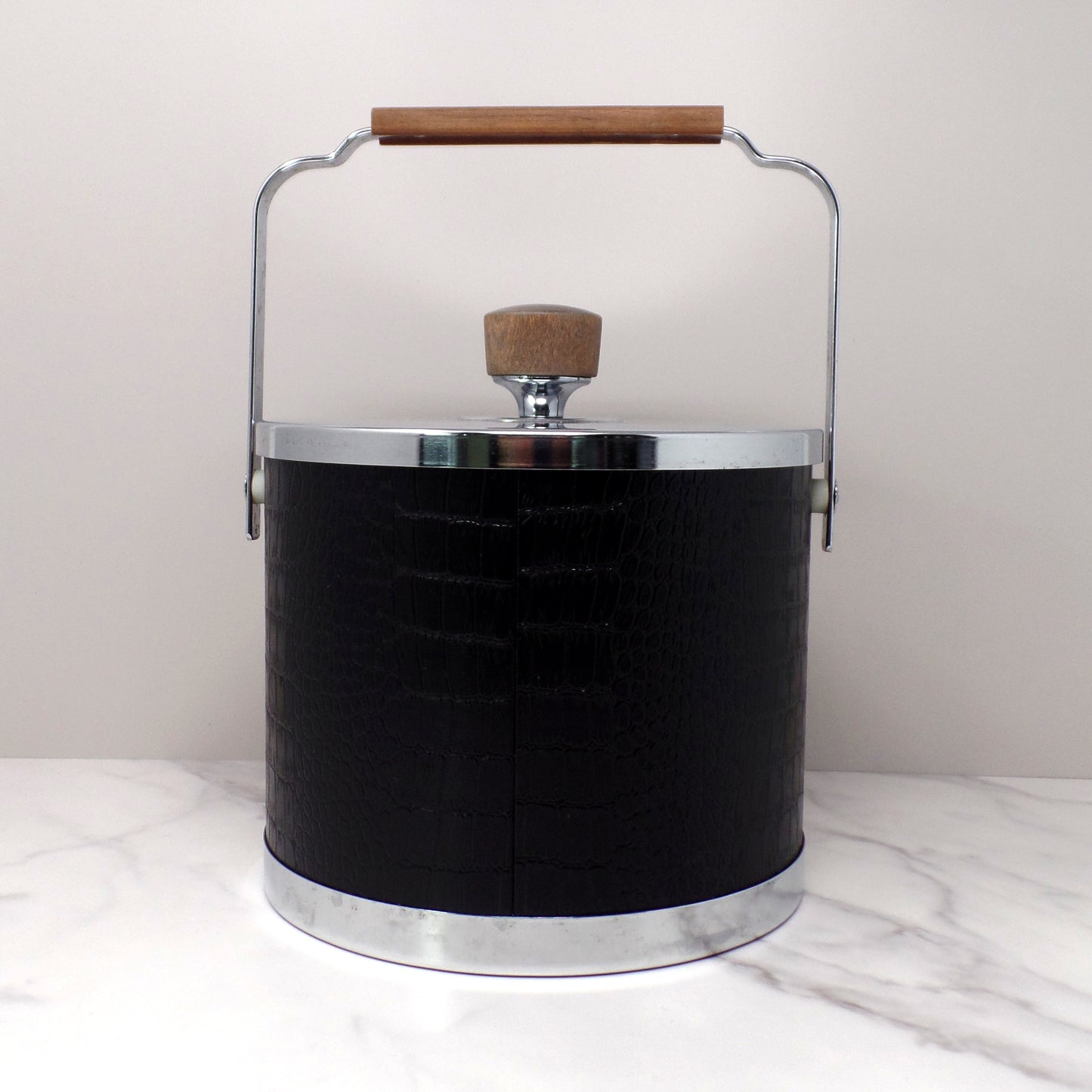 Vintage Kromex Faux Black Alligator Skin & Chrome Ice Bucket with Wood Handle and Knob (1960s)