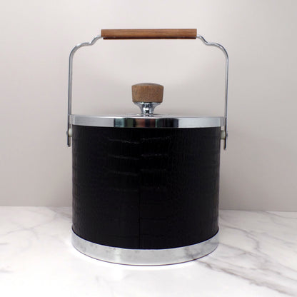 Vintage Kromex Faux Black Alligator Skin & Chrome Ice Bucket with Wood Handle and Knob (1960s)