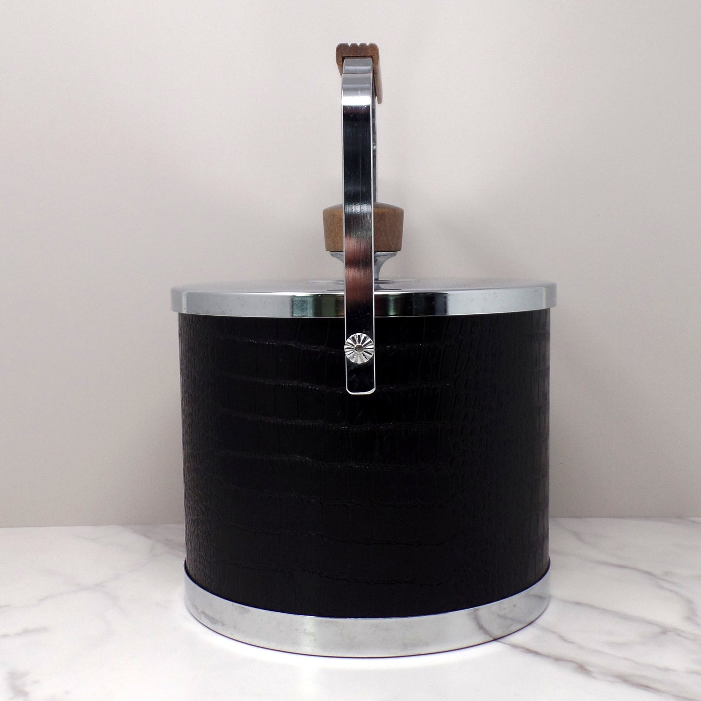 Vintage Kromex Faux Black Alligator Skin & Chrome Ice Bucket with Wood Handle and Knob (1960s)