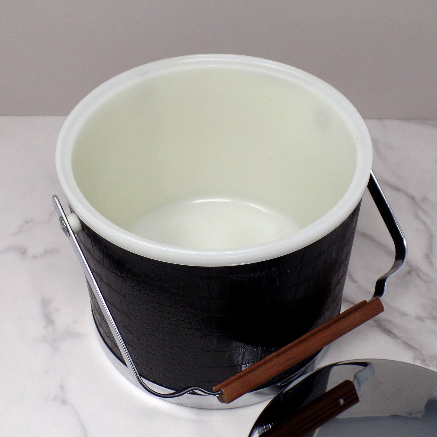 Vintage Kromex Faux Black Alligator Skin & Chrome Ice Bucket with Wood Handle and Knob (1960s)