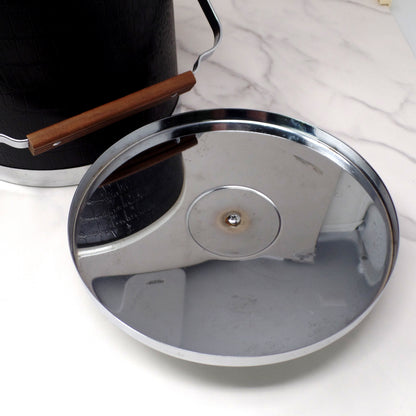 Vintage Kromex Faux Black Alligator Skin & Chrome Ice Bucket with Wood Handle and Knob (1960s)