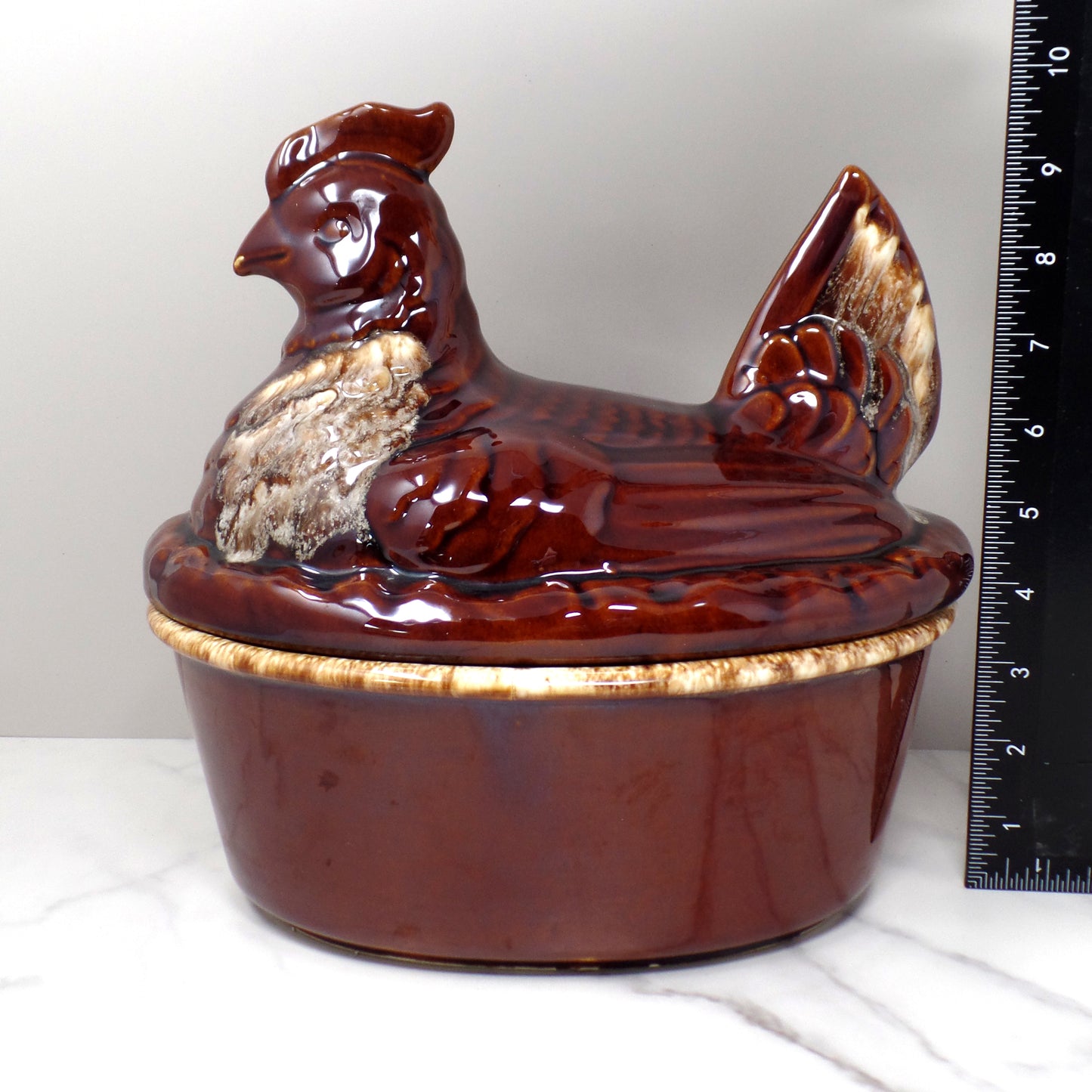 Vintage Hall Ceramic Hen on Nest Covered Casserole Dish, House ’n Garden Mirror Brown / Brown Drip (1960s)