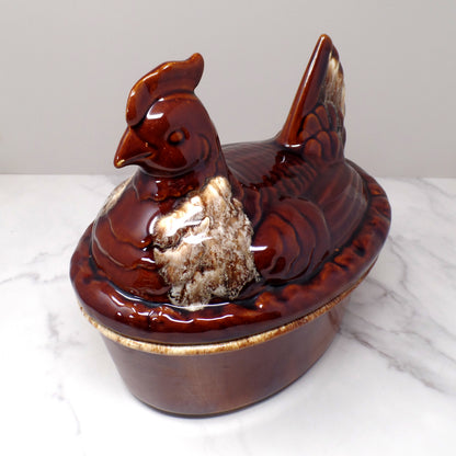 Vintage Hall Ceramic Hen on Nest Covered Casserole Dish, House ’n Garden Mirror Brown / Brown Drip (1960s)
