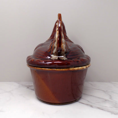Vintage Hall Ceramic Hen on Nest Covered Casserole Dish, House ’n Garden Mirror Brown / Brown Drip (1960s)