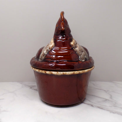 Vintage Hall Ceramic Hen on Nest Covered Casserole Dish, House ’n Garden Mirror Brown / Brown Drip (1960s)