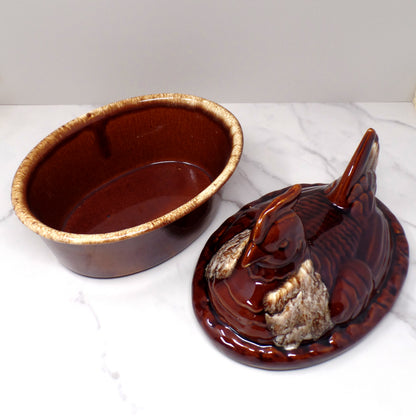 Vintage Hall Ceramic Hen on Nest Covered Casserole Dish, House ’n Garden Mirror Brown / Brown Drip (1960s)