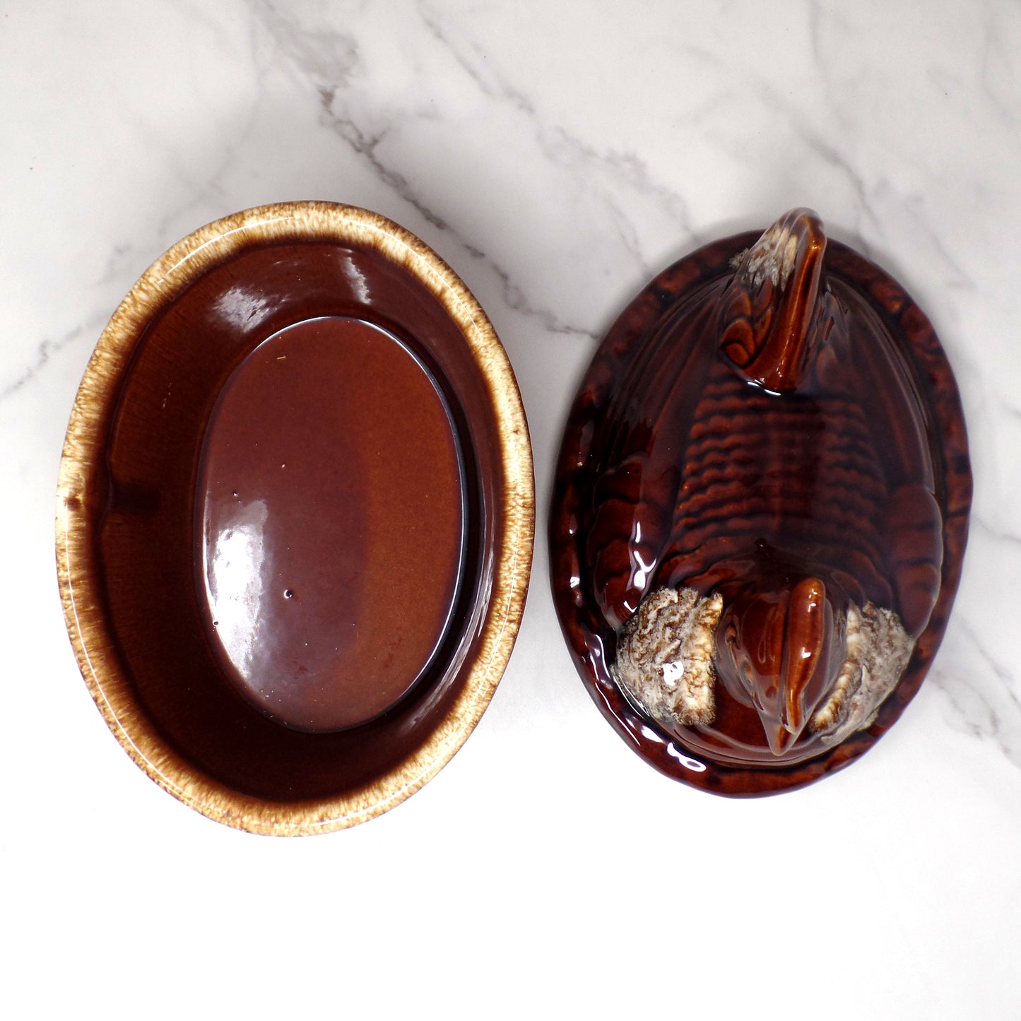 Vintage Hall Ceramic Hen on Nest Covered Casserole Dish, House ’n Garden Mirror Brown / Brown Drip (1960s)