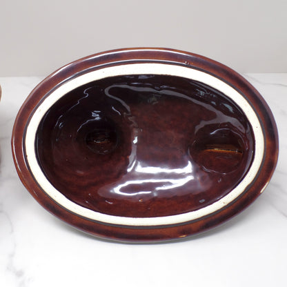 Vintage Hall Ceramic Hen on Nest Covered Casserole Dish, House ’n Garden Mirror Brown / Brown Drip (1960s)