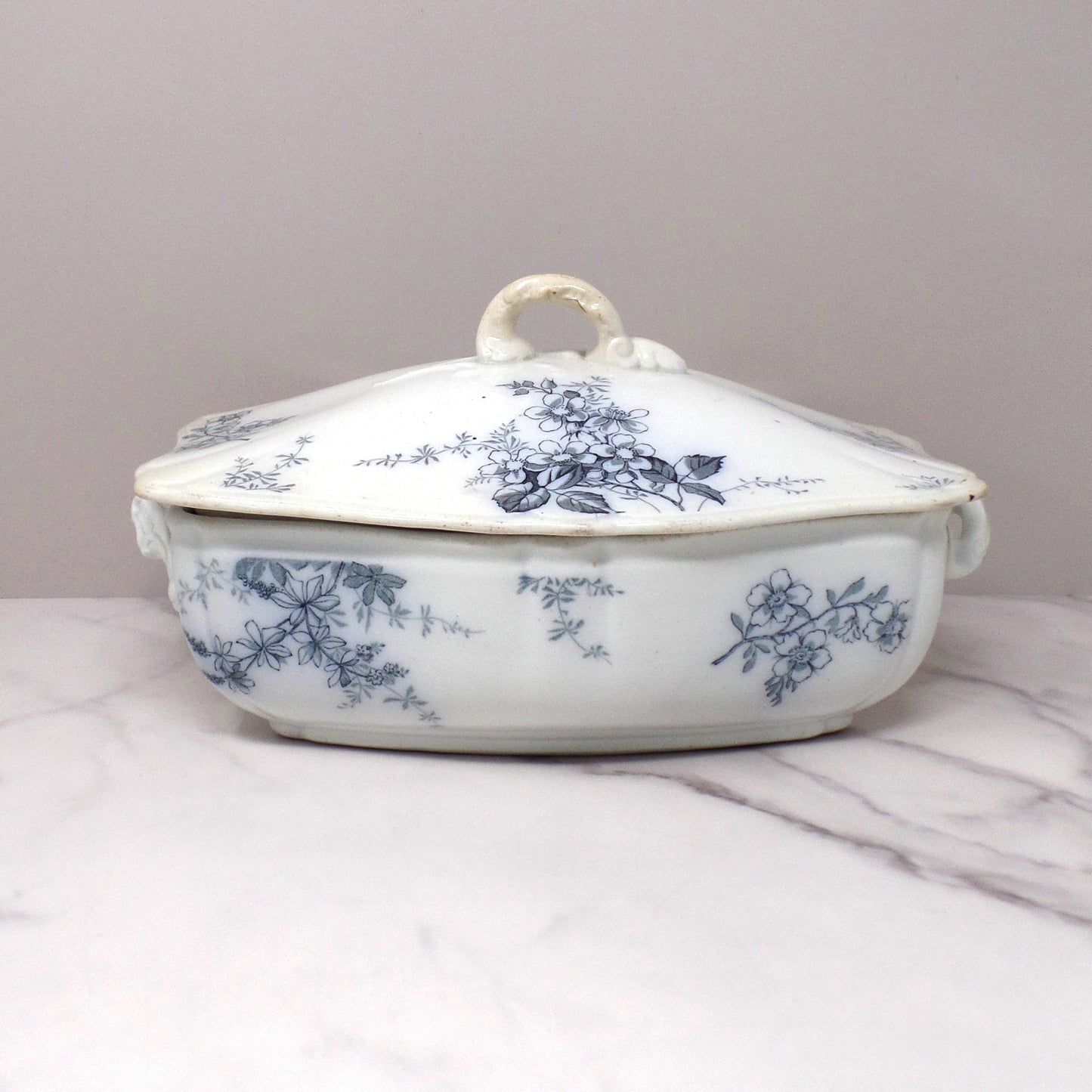 Antique Alfred Meakin Ironstone Transferware Covered Vegetable Dish, Blossom (c1875)