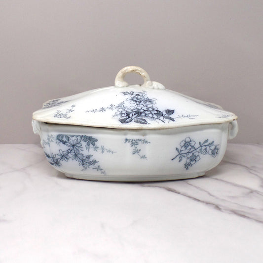 Antique Alfred Meakin Ironstone Transferware Covered Vegetable Dish, Blossom (c1875)