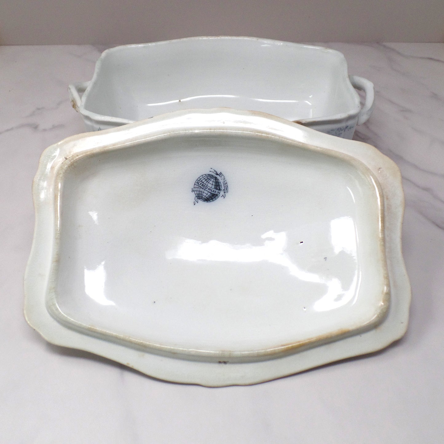Antique Alfred Meakin Ironstone Transferware Covered Vegetable Dish, Blossom (c1875)