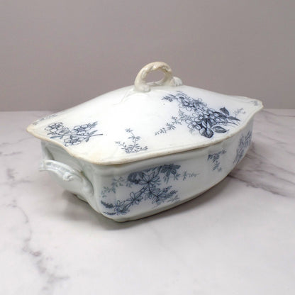 Antique Alfred Meakin Ironstone Transferware Covered Vegetable Dish, Blossom (c1875)