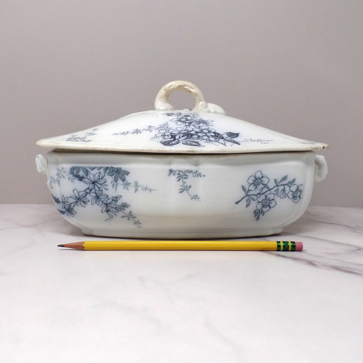 Antique Alfred Meakin Ironstone Transferware Covered Vegetable Dish, Blossom (c1875)