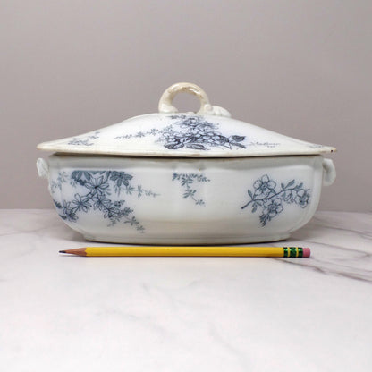 Antique Alfred Meakin Ironstone Transferware Covered Vegetable Dish, Blossom (c1875)