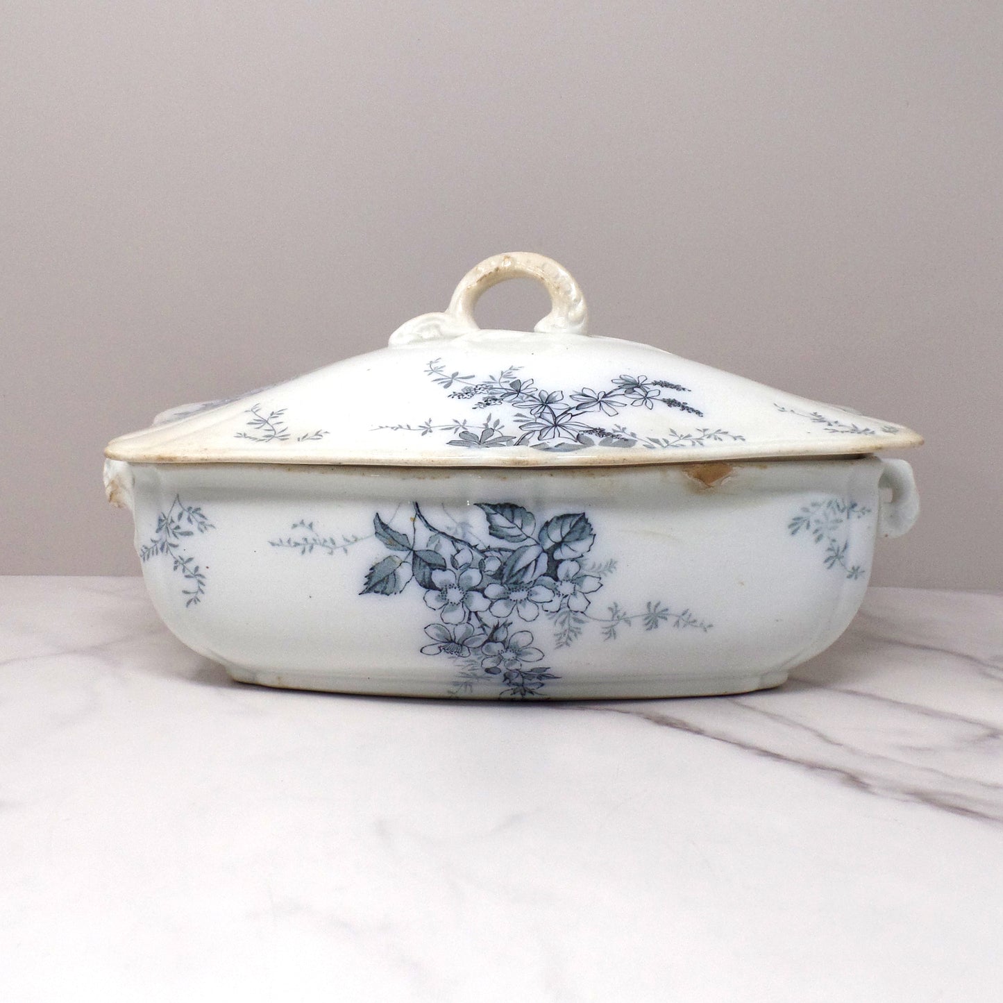 Antique Alfred Meakin Ironstone Transferware Covered Vegetable Dish, Blossom (c1875)