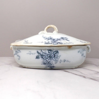 Antique Alfred Meakin Ironstone Transferware Covered Vegetable Dish, Blossom (c1875)