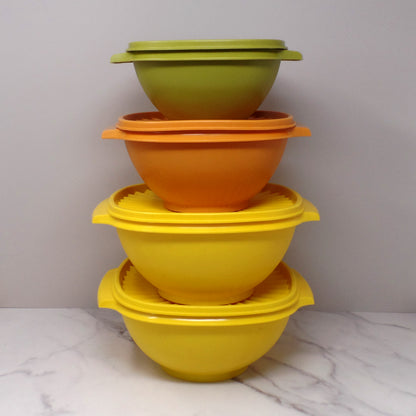 Vintage Tupperware Servalier Containers w Lids, Set of 4 (2 Yellow, 1 Orange, 1 Green) (1970s)
