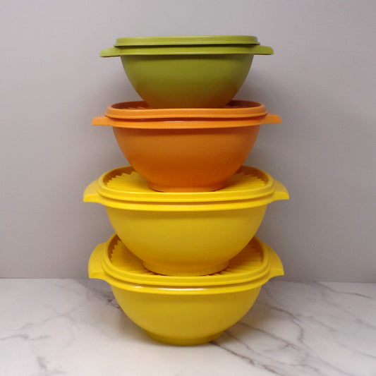 Vintage Tupperware Servalier Containers w Lids, Set of 4 (2 Yellow, 1 Orange, 1 Green) (1970s)