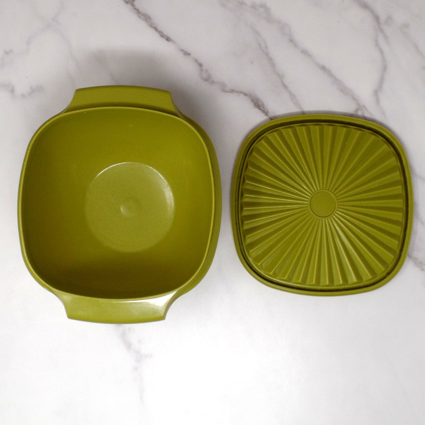 Vintage Tupperware Servalier Containers w Lids, Set of 4 (2 Yellow, 1 Orange, 1 Green) (1970s)
