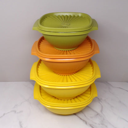 Vintage Tupperware Servalier Containers w Lids, Set of 4 (2 Yellow, 1 Orange, 1 Green) (1970s)