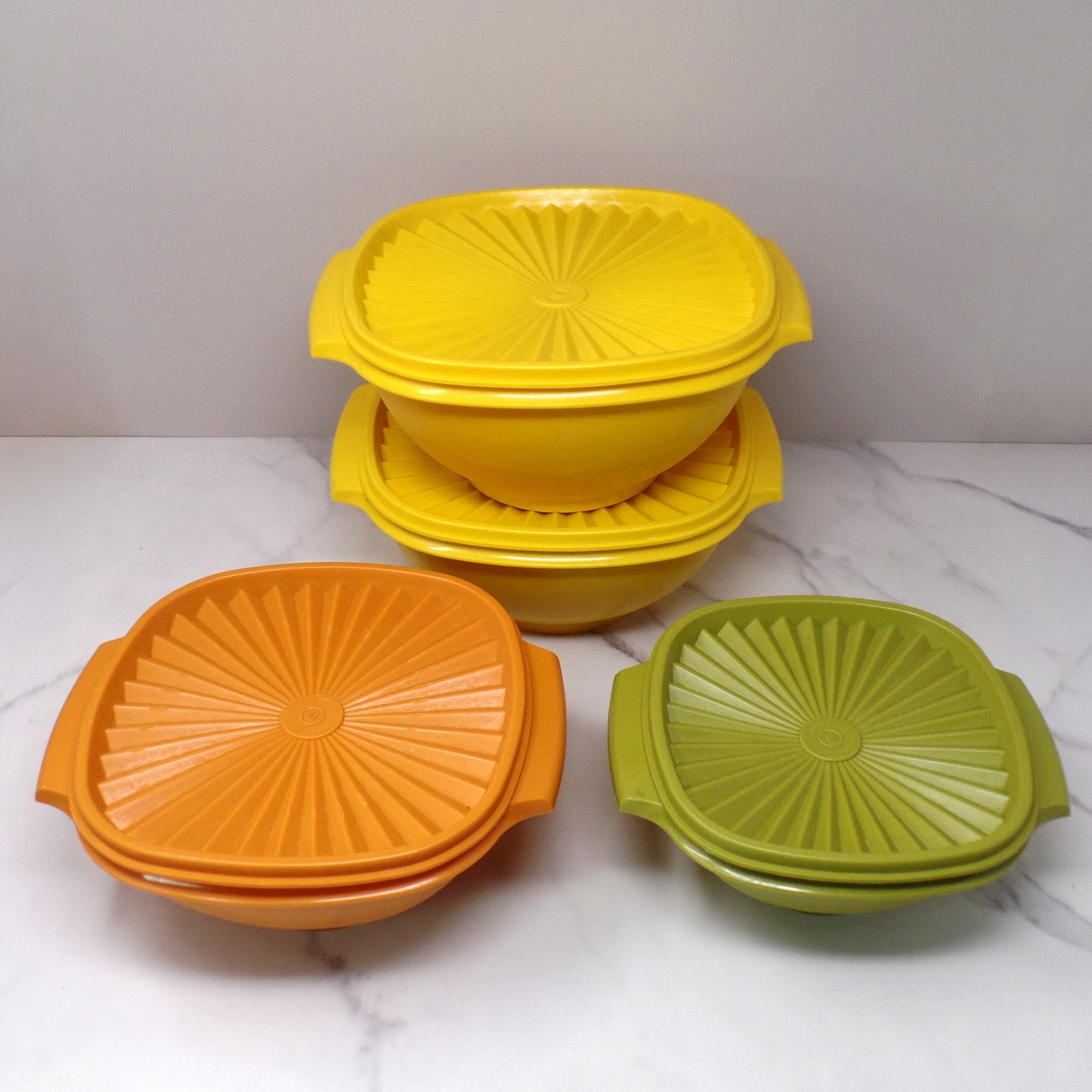 Vintage Tupperware Servalier Containers w Lids, Set of 4 (2 Yellow, 1 Orange, 1 Green) (1970s)