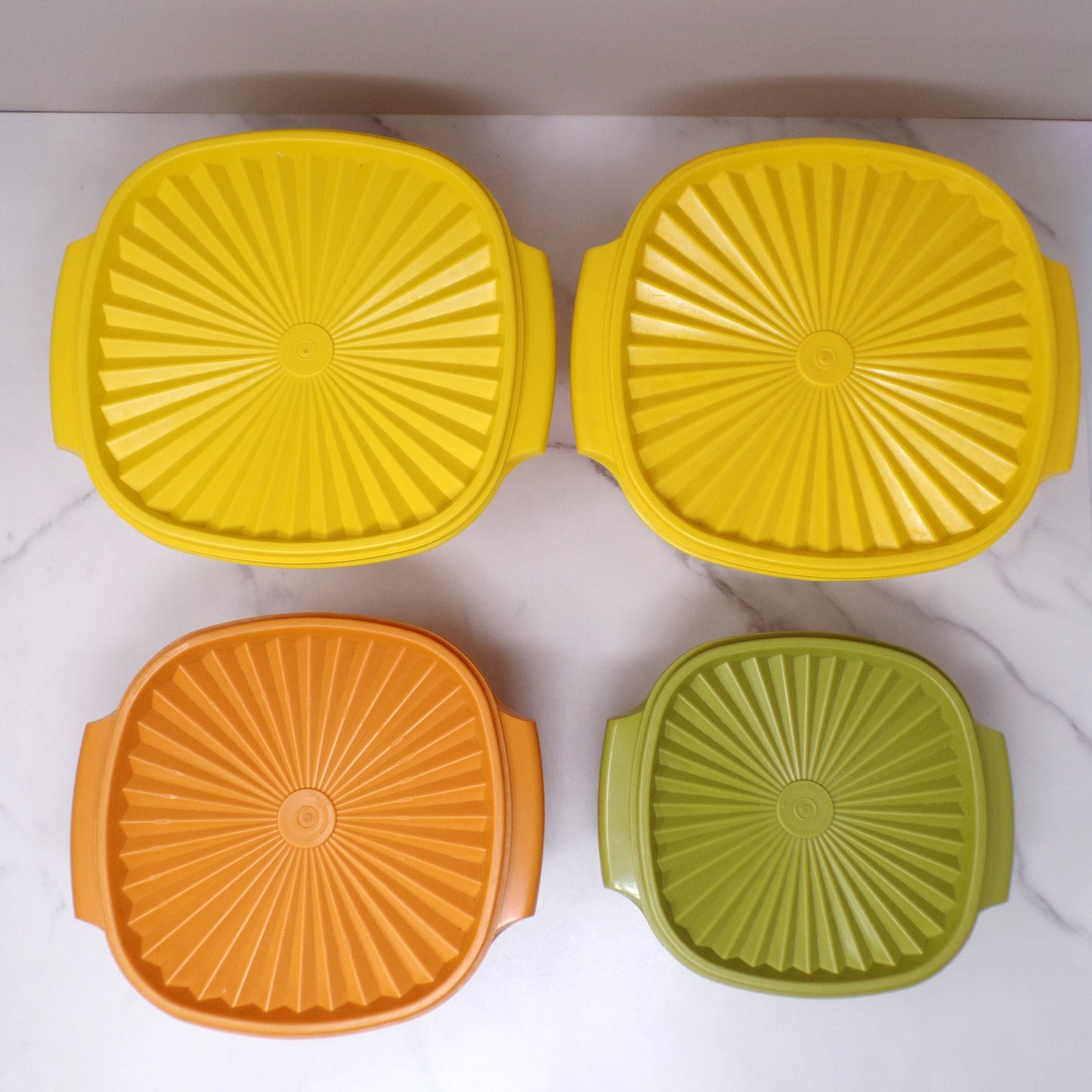 Vintage Tupperware Servalier Containers w Lids, Set of 4 (2 Yellow, 1 Orange, 1 Green) (1970s)