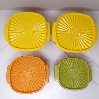 Vintage Tupperware Servalier Containers w Lids, Set of 4 (2 Yellow, 1 Orange, 1 Green) (1970s)