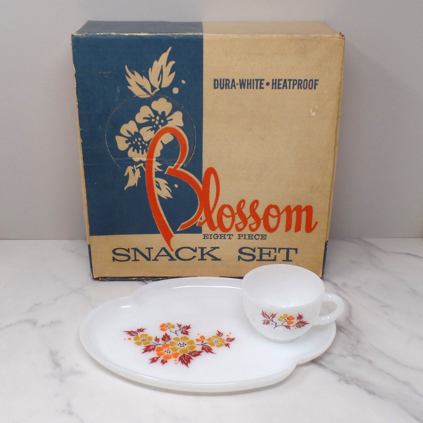 Vintage Federal Glass Snack Sets, Blossom (4 sets in original box) (1950s)