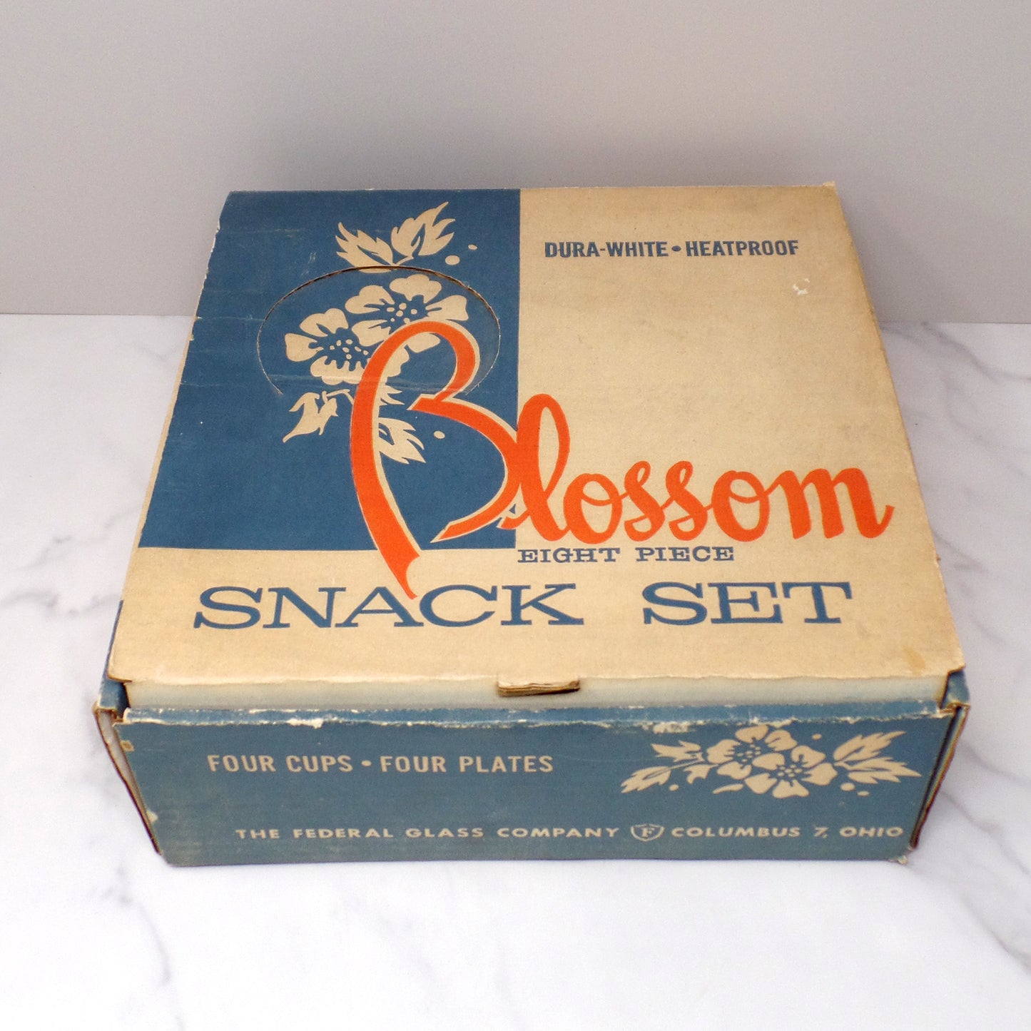 Vintage Federal Glass Snack Sets, Blossom (4 sets in original box) (1950s)