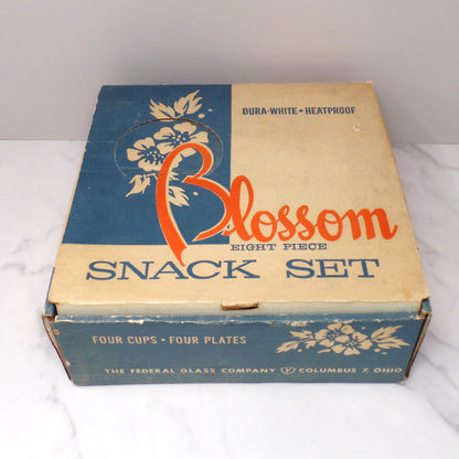 Vintage Federal Glass Snack Sets, Blossom (4 sets in original box) (1950s)